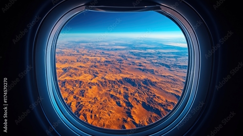 Fototapeta premium Airplane window view of vast, sunlit desert landscape.