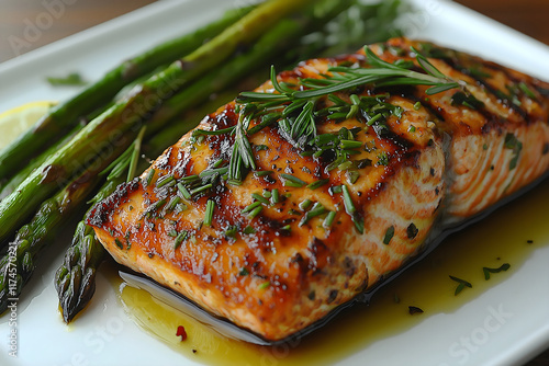 A perfectly grilled salmon fillet served with a side of roasted asparagus, drizzled with olive oil and lemon juice. The plate is garnished with fresh herbs, offering a simple, healthy meal. photo