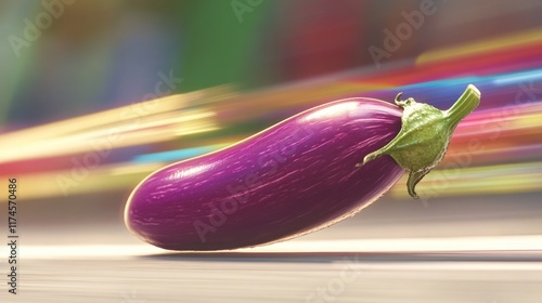 Fast-moving purple eggplant in blurred colorful background. photo