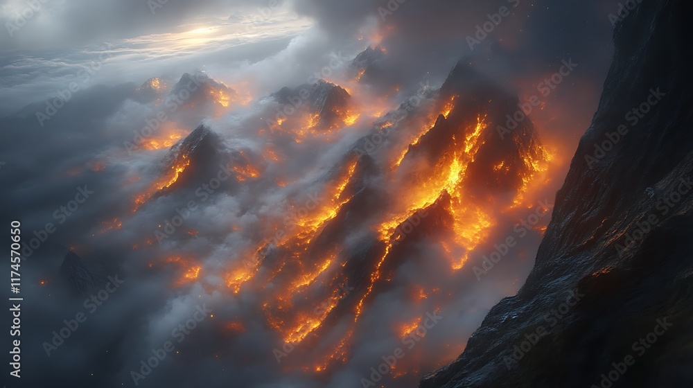 Fiery volcanic mountains shrouded in mystical clouds Fiery volcanic mountains shrouded in mystical clouds