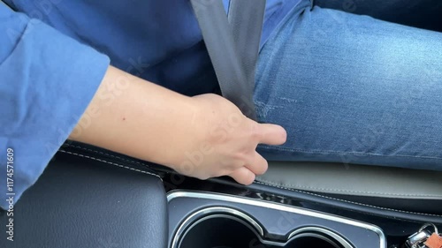 A person in blue shirt and jeans is sitting in a car and unfasten the seatbelt. The seatbelt is red and black, a concept of car safety.