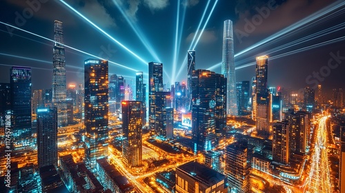 Wallpaper Mural Futuristic Night Cityscape with Glowing Skyscrapers, Moving Cars, and Illuminated Sky Beams Torontodigital.ca