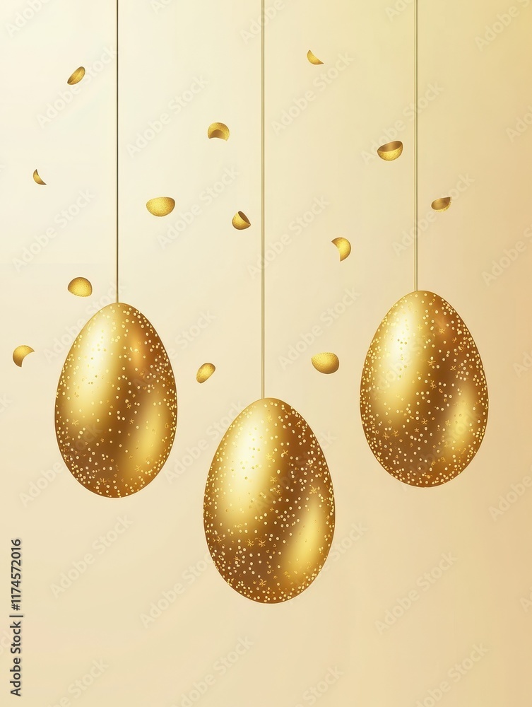 Fototapeta premium Happy easter. Egg hunting banner, celebrating poster with hanging gold eggs. Isolated springtime festive religion elements, greetings vector background