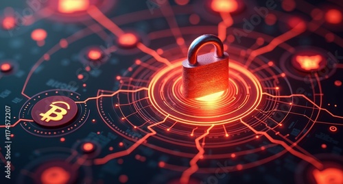  A stock illustration representing Bitcoin decentralization with fiery reds and soft grays, incorporating locks, shields, and Bitcoin icons, visualizing value, transition