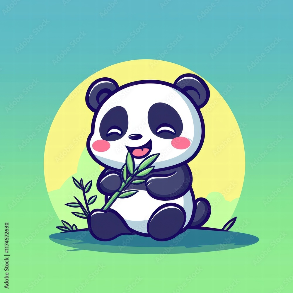 Obraz premium Joyful Panda Sitting and Eating Bamboo in a Calm and Serene Nature Setting