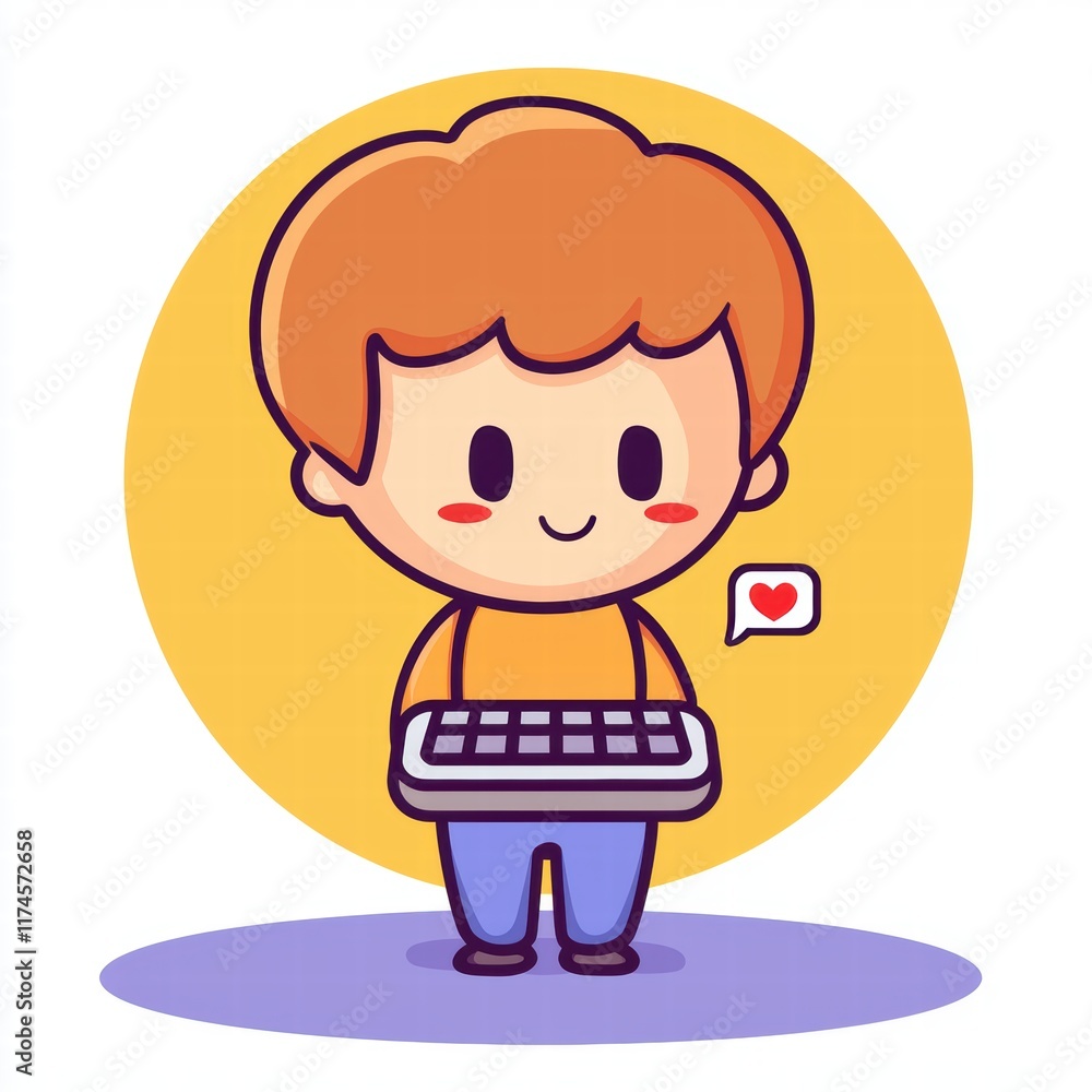 Cute Person Holding Keyboard in Isometric Perspective with Happy Expression and Heart Icon Cute Person Holding Keyboard in Isometric Perspective with Happy Expression and Heart Icon