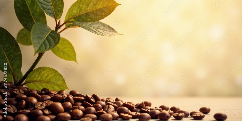 Obraz premium A vibrant green coffee plant sprout nestled beside a rich pile of roasted coffee beans, bathed in warm sunlight