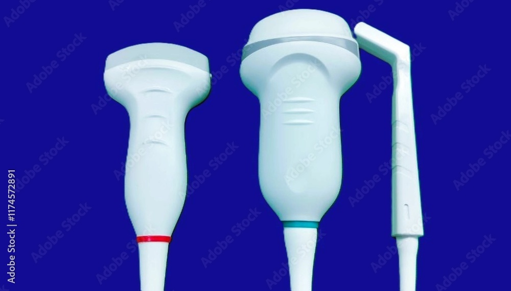 Medical ultrasound probe from ultrasonic machine in doctor's hand close-up, Ultrasound procedures Medical ultrasound probe from ultrasonic machine in doctor's hand close-up, Ultrasound procedures