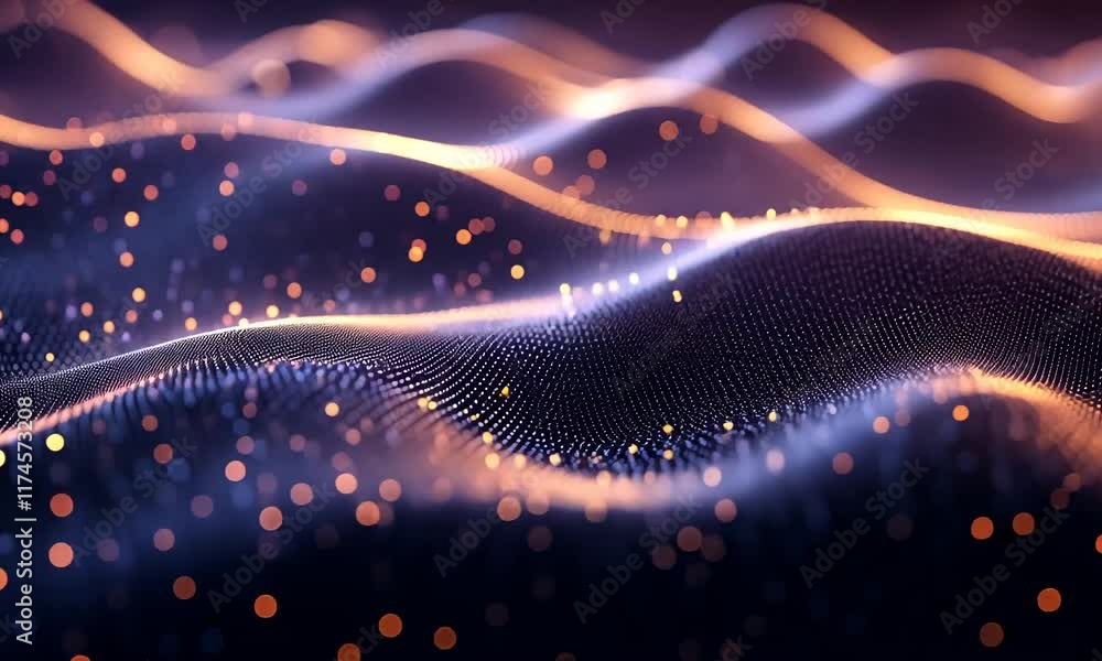 Glowing particle waves flow in digital space with bokeh background.