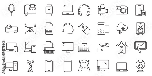 Devices set of web icons in line style. Electronic devices and gadgets icons for web and mobile app. Smart devices, technology, computer monitor, smartphone