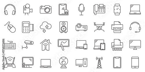 Devices set of web icons in line style. Electronic devices and gadgets icons for web and mobile app. Smart devices, technology, computer monitor, smartphone, tablet