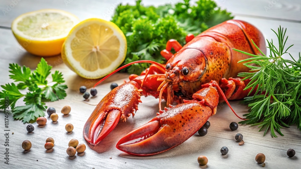 Delicious Freshly Cooked Lobster with Lemon and Herbs on White Table - Tilt-Shift Photography Delicious Freshly Cooked Lobster with Lemon and Herbs on White Table - Tilt-Shift Photography