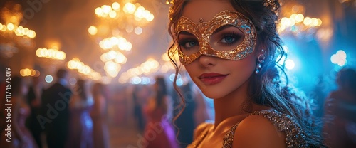 Mysterious Woman in Golden Mask at a Masquerade Ball