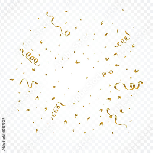 Shiny golden confetti and ribbons explosion on a transparent background. Gold confetti and tinsel vector for birthday celebration. Golden ribbon element for party, anniversary decoration.