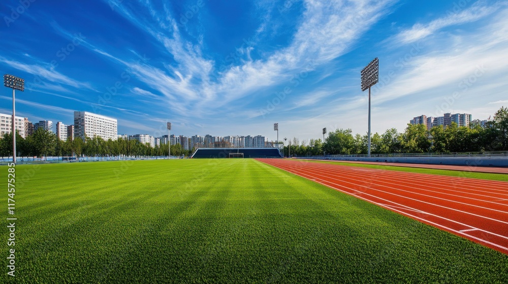 Obraz premium Track and Field Stadium with Green Grass and Blue Sky