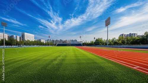 Track and Field Stadium with Green Grass and Blue Sky photo