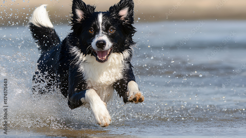 Energetic dog enjoying a fun day on the beach, splashing near the water's edge Energetic dog enjoying a fun day on the beach, splashing near the water's edge