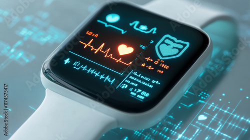 sleek wearable device displaying real time health metrics, including heart rate and ECG readings, showcasing modern technology and health monitoring