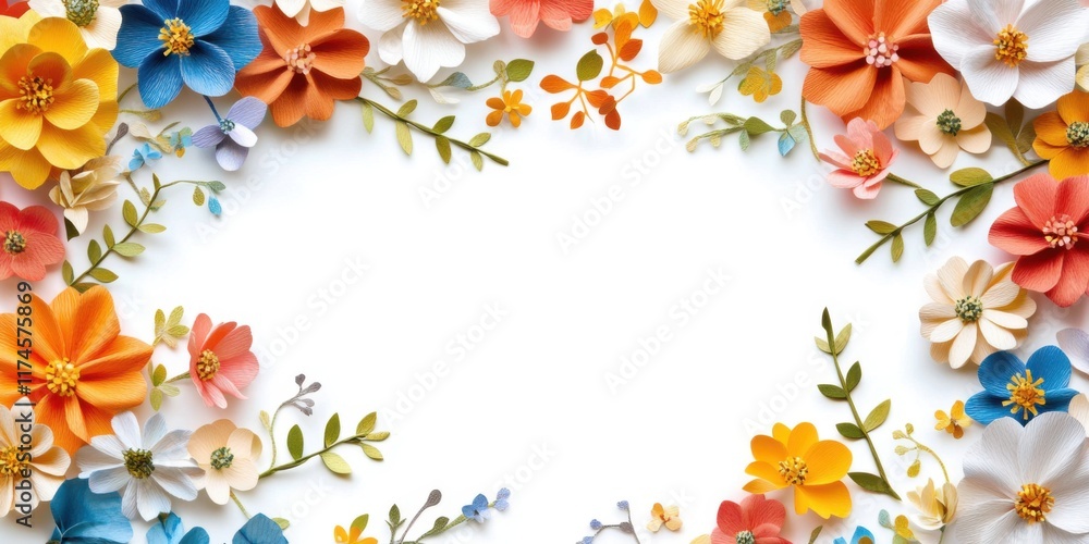 Oval frame composed of colorful paper flowers and leaves creating ornate border for central space Oval frame composed of colorful paper flowers and leaves creating ornate border for central space