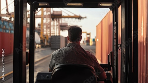 Back view of logistics coordinator driving a container forklift, container being lifted at shipping port, front view, cargo handling efficiency photo