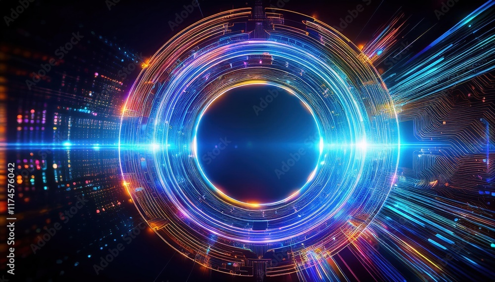 Obraz premium Dynamic Circular Light Streaks Spreading Across a Deep Black Background Creating a Striking Visual Contrast and Evoking a Sense of Movement and Energy