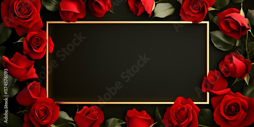 Red Roses Frame Mockup: Elegant gold frame surrounded by lush red roses on a dark background, perfect for Valentine's Day, wedding invitations, or romantic announcements.  
