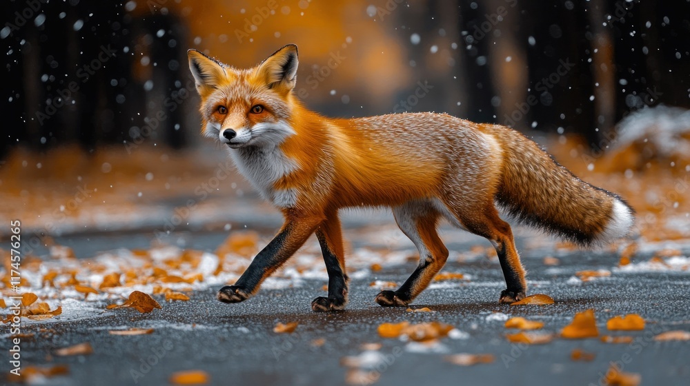 Fototapeta premium A fox walks through a snowy forest, surrounded by fallen autumn leaves.