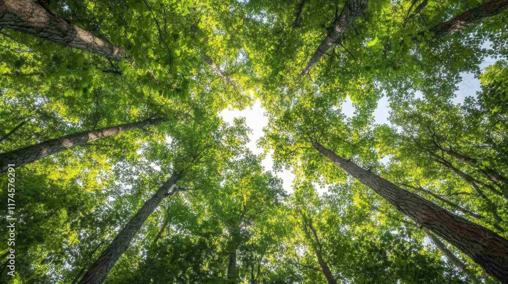 Fototapeta premium Lush green trees tower overhead, creating vibrant canopy that filters sunlight. serene view from below invites sense of peace and connection with nature