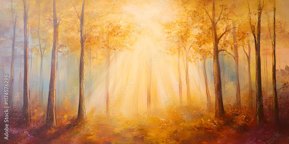 Golden Forest: A serene and ethereal painting captures the essence of autumn's beauty, with sunlight piercing through a canopy of golden leaves. Golden Forest: A serene and ethereal painting captures the essence of autumn's beauty, with sunlight piercing through a canopy of golden leaves.
