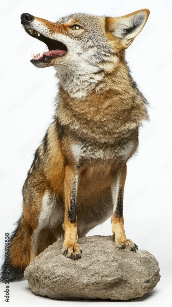 Fototapeta premium A coyote standing on a rock, showcasing its natural beauty and alertness.
