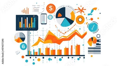 Business-themed background with a stock chart, corporate icons, and economic data, dynamic market trends 