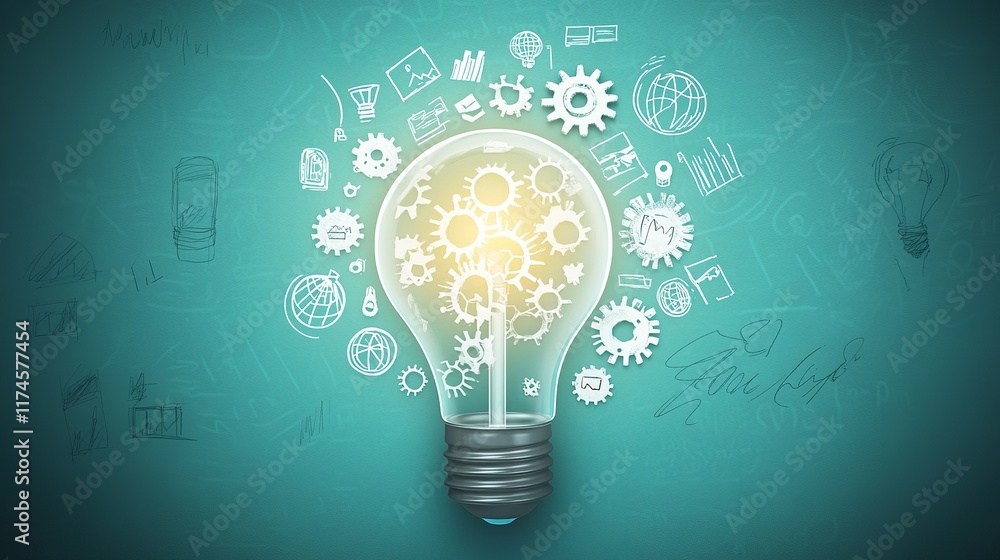 Glowing Light Bulb with White Gears and Business Icons on Teal Background, Symbolizing Innovation Glowing Light Bulb with White Gears and Business Icons on Teal Background, Symbolizing Innovation