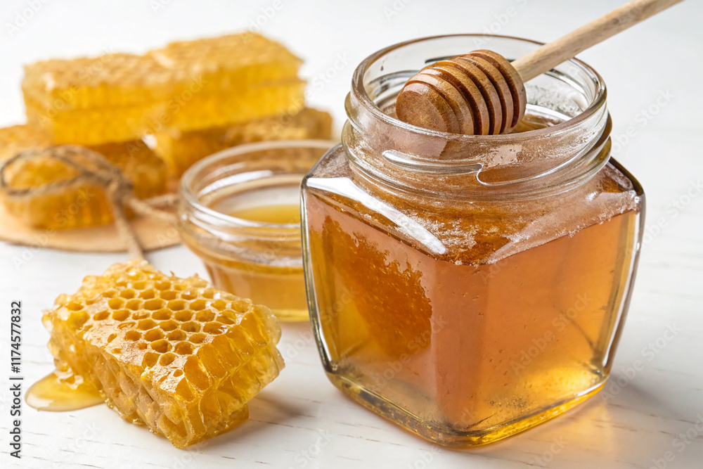 Glass jar with honey Isolated on White Background Glass jar with honey Isolated on White Background