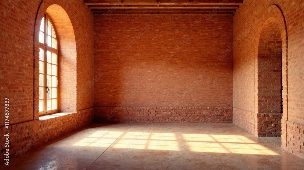 Obraz premium Empty brick room with arched windows and sunlight streaming through