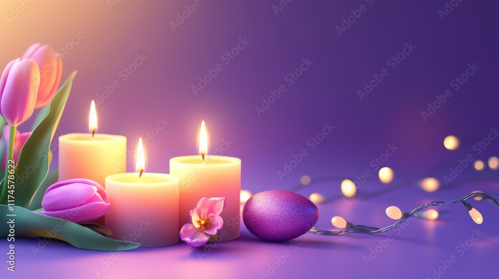easter, holidays, tradition and object concept - burning candles in shape of eggs and tulip flowers over festive lights on violet background easter, holidays, tradition and object concept - burning candles in shape of eggs and tulip flowers over festive lights on violet background