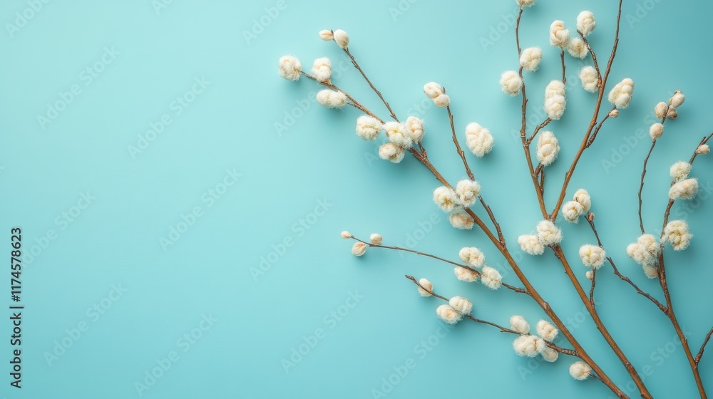 Sprig of willow isolated on pastel turquoise background. Willow seals, fluffy buds. Happy Easter concept. Trendy hard light, dark shadow, flat lay, mockup, template Sprig of willow isolated on pastel turquoise background. Willow seals, fluffy buds. Happy Easter concept. Trendy hard light, dark shadow, flat lay, mockup, template