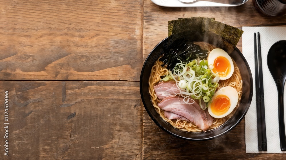 Japanese Ramen Noodle Soup with Egg and Vegetables. Copy space for text Japanese Ramen Noodle Soup with Egg and Vegetables. Copy space for text