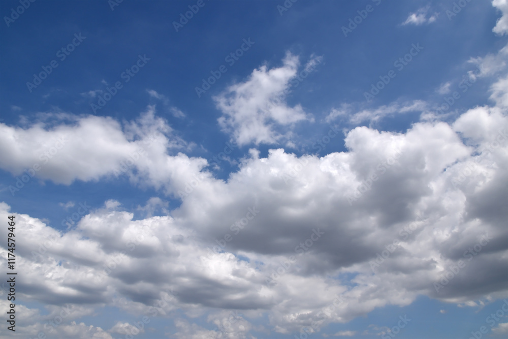 Fototapeta premium white fluffy clouds on clear blue sky, cloudscape background