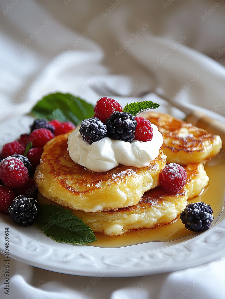 Syrniki With Berries and Whipped Cream Served on a Decorative Plate in a Cozy Kitchen Setting Syrniki With Berries and Whipped Cream Served on a Decorative Plate in a Cozy Kitchen Setting