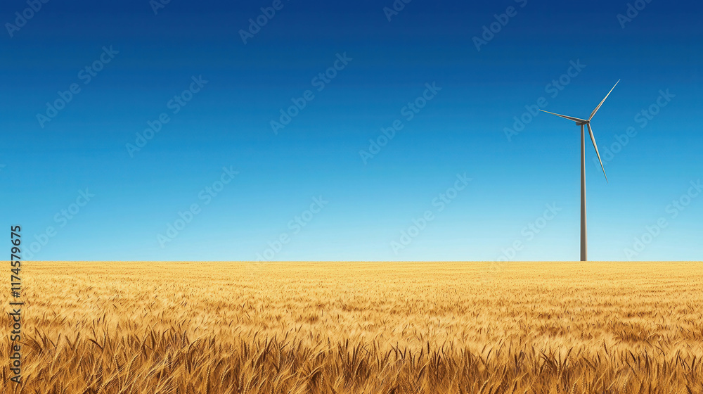 Golden Wheat Field Stretching to Horizon Under Clear Blue Sky with Wind Turbine Golden Wheat Field Stretching to Horizon Under Clear Blue Sky with Wind Turbine
