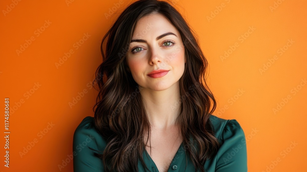 Caucasian woman with long dark hair wearing green top against orange background in vibrant portrait Caucasian woman with long dark hair wearing green top against orange background in vibrant portrait