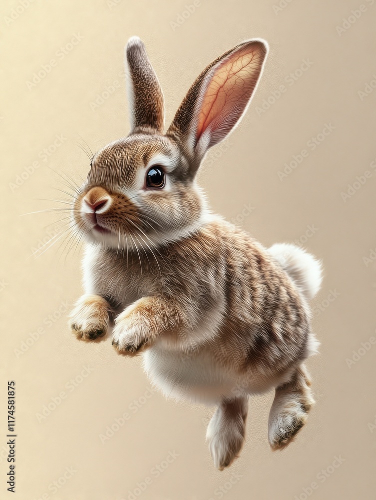 Obraz premium Studio portrait of cute rabbit isolated on transparent png background, happy bunny running on floor, adorable fluffy rabbit that sniffing.