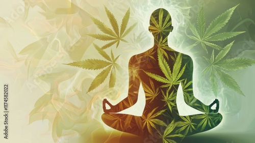 A serene silhouette meditates, overlaid with cannabis leaves, symbolizing mindfulness and nature's connection to wellness.