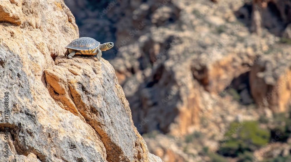 A turtle perched on a rocky ledge in a mountainous landscape. A turtle perched on a rocky ledge in a mountainous landscape.