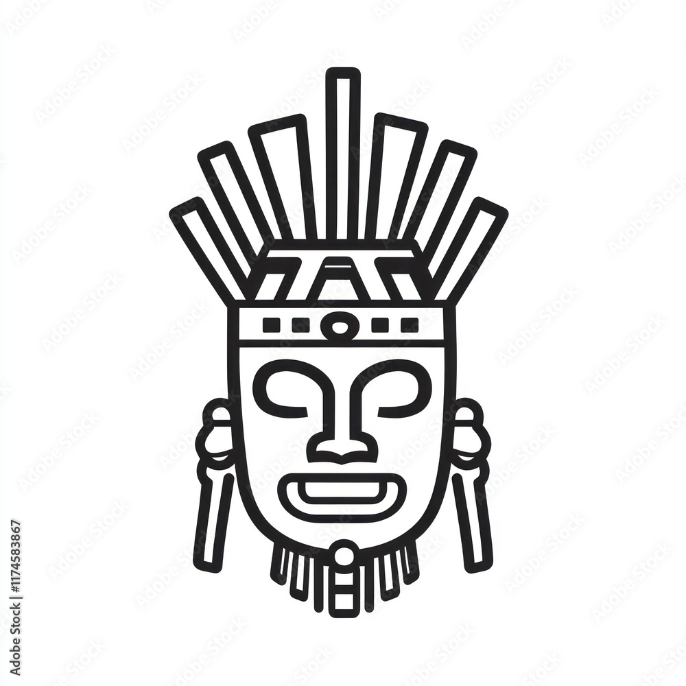 Aztec Tribal Mask Design Outline Illustration