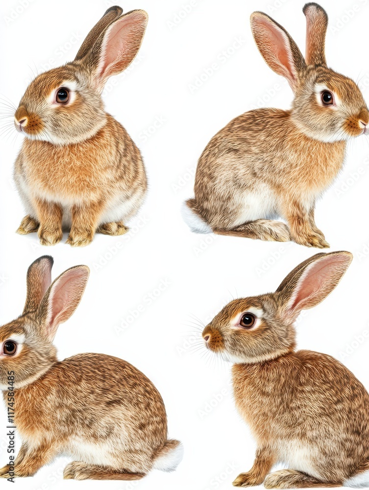 Fototapeta premium Collection of three brown rabbits (portrait, sitting, side view), animal bundle isolated on a white background as transparent PNG
