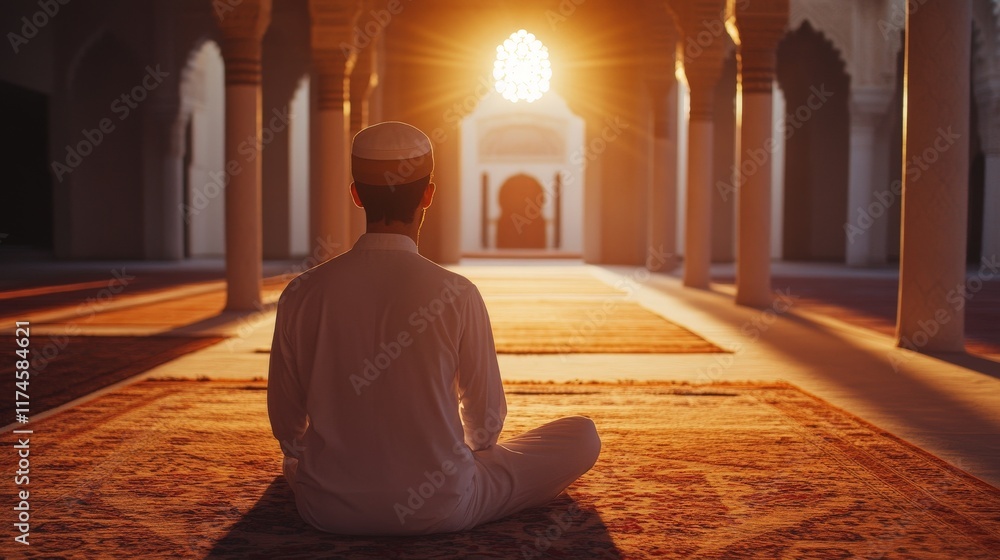 Man Prostrating on Sejadah Under Warm Light in Mosque Man Prostrating on Sejadah Under Warm Light in Mosque