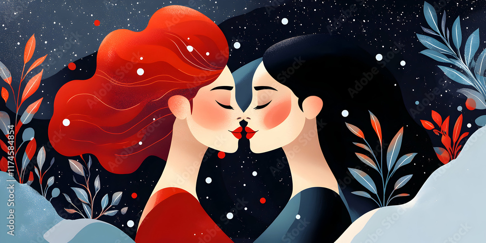 Winter's Kiss: A Romantic Illustration of Two Women Sharing a Tender Moment Winter's Kiss: A Romantic Illustration of Two Women Sharing a Tender Moment
