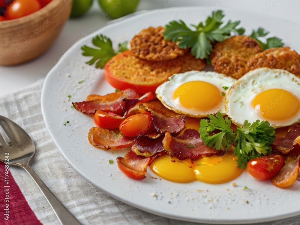 Harmony of flavour, large plate with bacon, eggs and tomatoes Harmony of flavour, large plate with bacon, eggs and tomatoes