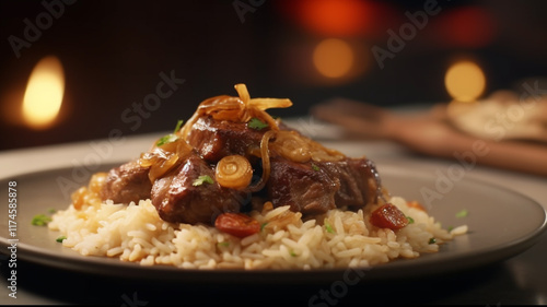  Egyptian oriental Fettah with white rice and crispy bread topped with seasoned garlic red sauce,crispy fried garlic and  Arabic cuisine, Egyptian oriental Fettah with white rice and crispy bread topp photo